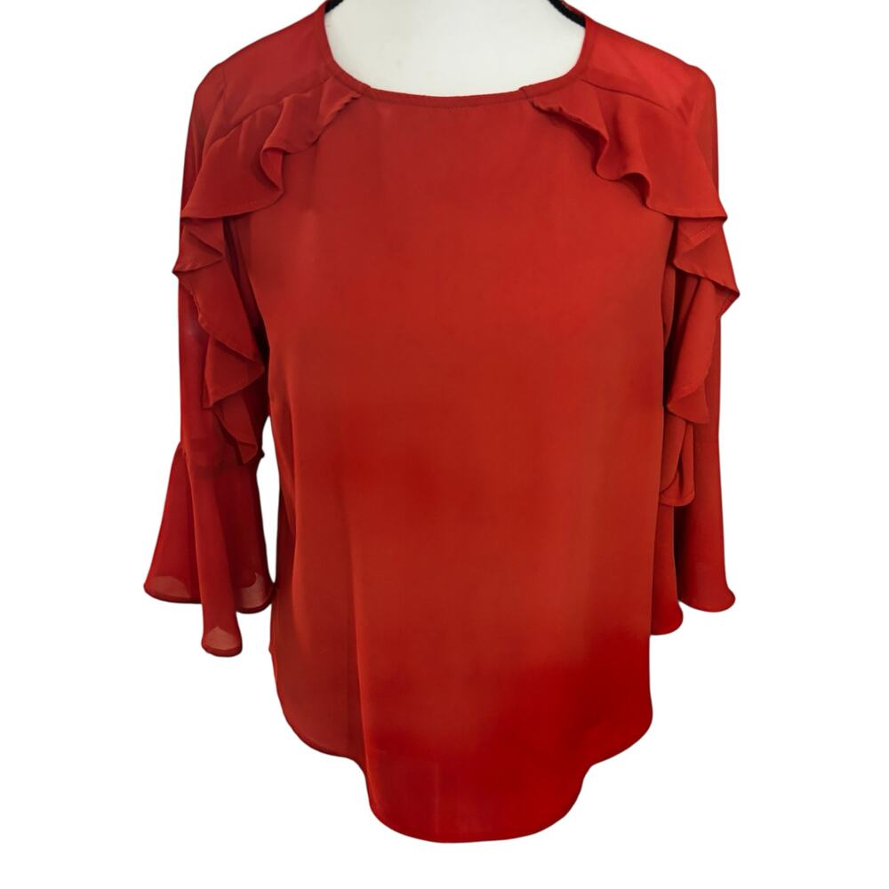 Monteau Burnt Orange Ruffle Sleeve Blouse Medium Womens Flowy Dressy Top